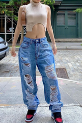 Casual Solid Ripped Mid Waist Harlan Denim Jeans